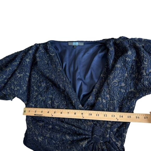 Anthropologie Eva Franco Navy‎ Gold Shimmer Wrap Blouse Women’s Size 6 - Picture 7 of 10